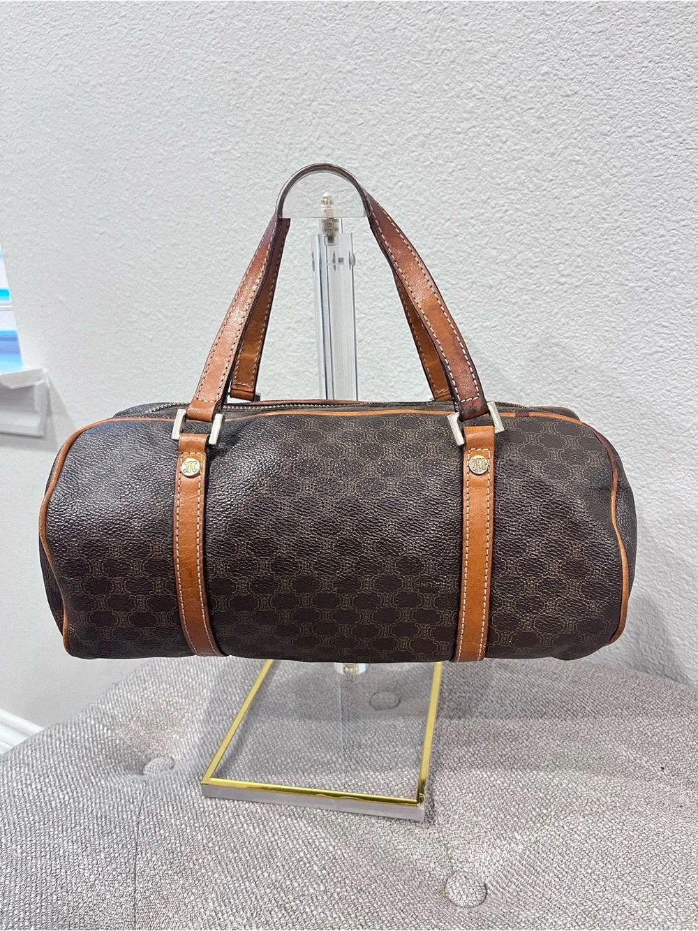 CELINE BROWN MACADAM COATED CANVAS BOSTON BAG